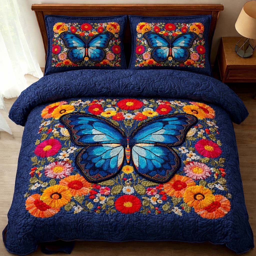 Blue Blossom 3-Piece Quilted Bedding Set — quilt and two matching pillow shams