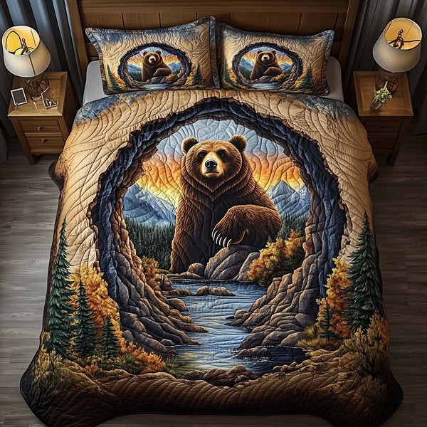 Canyon Bear quilted 3-piece bedding set on a made bed with two matching pillow shams