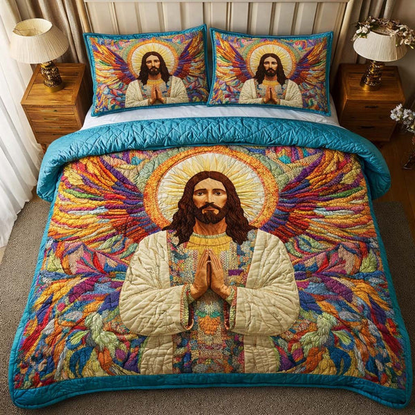 Angelic Prayer quilted 3-piece bedding set on a made bed in a softly lit bedroom