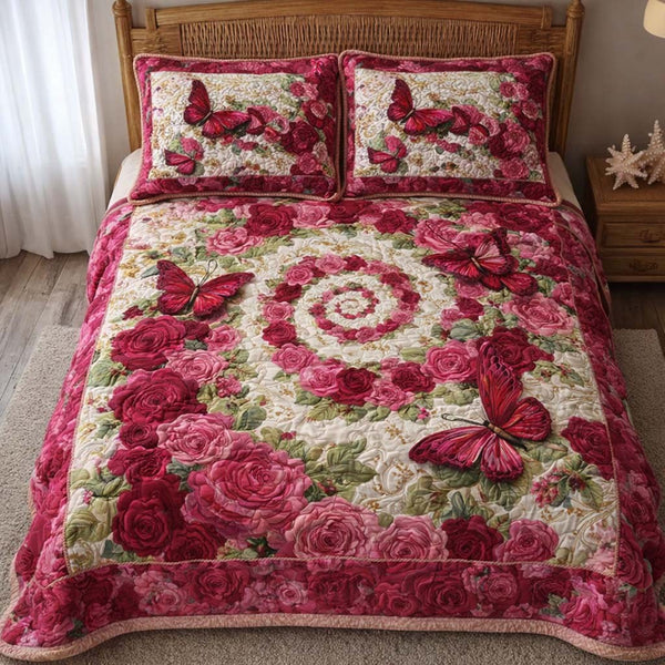 Butterfly Garden quilted 3-piece bedding set on a made bed with two matching pillow shams