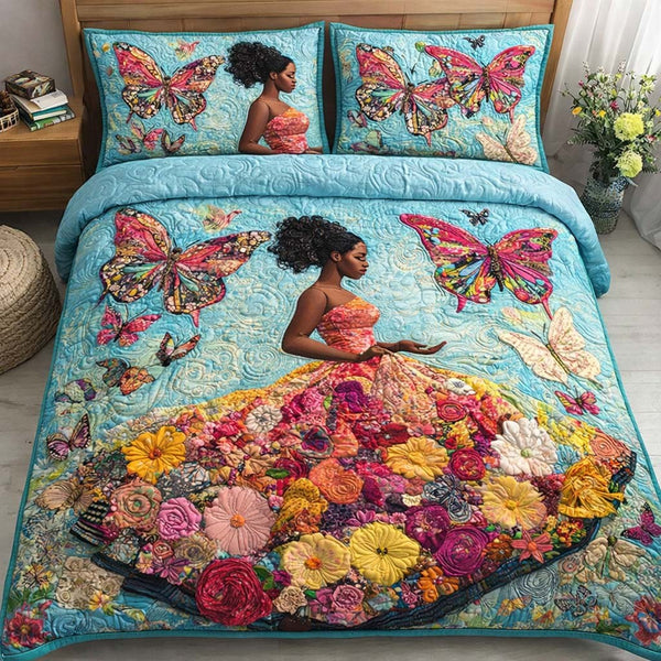 Butterfly Fantasy quilted 3-piece bedding set on a made bed with two matching pillow shams