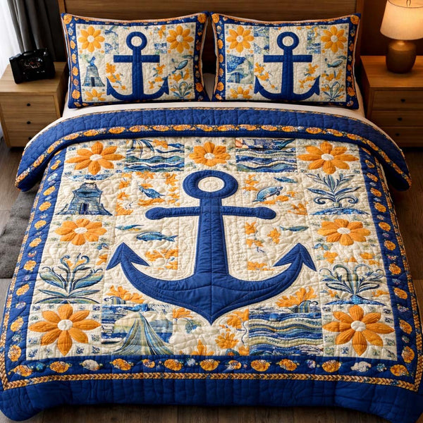 Floral Anchor 3-Piece Quilted Bedding Set - Design 1 — quilt and two matching pillow shams