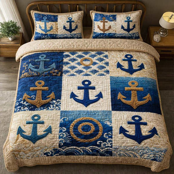Coastal Quilt quilted 3-piece bedding set on a made bed in a light coastal bedroom
