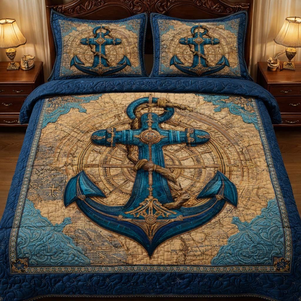 Compass Anchor 3-Piece Quilted Bedding Set — quilt and two matching pillow shams