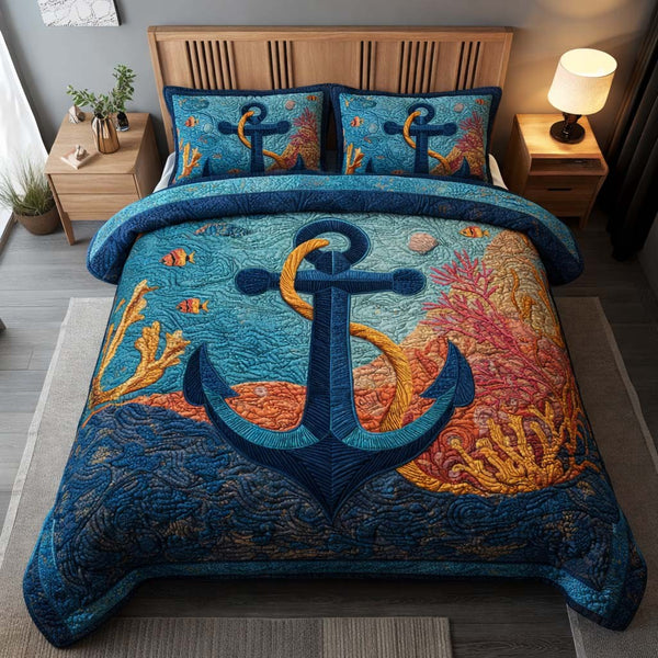 Coral Anchor 3-Piece Quilted Bedding Set — quilt and two matching pillow shams