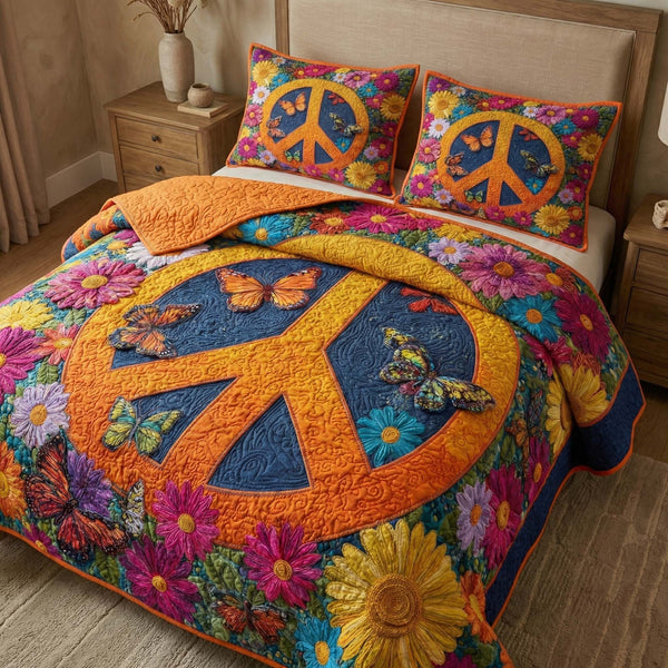 Butterfly Peace quilted 3-piece bedding set on a made bed with two matching pillow shams