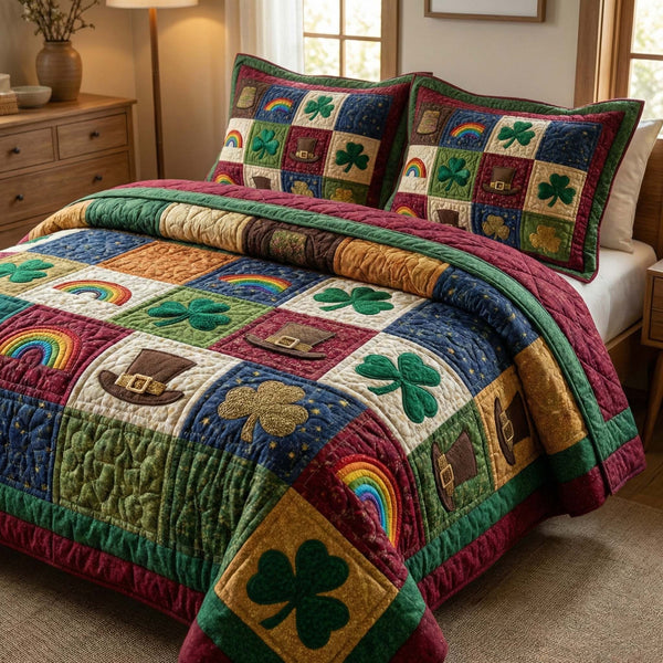 Celtic Luck quilted 3-piece bedding set on a made bed with two matching pillow shams