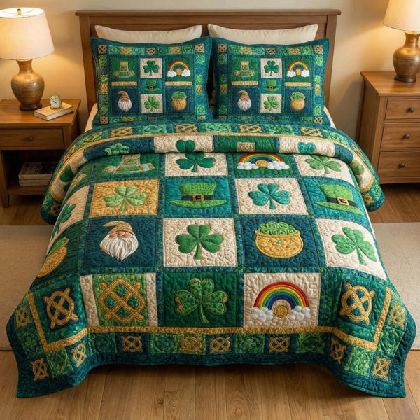 Emerald Luck quilted 3-piece bedding set on a made bed with two matching pillow shams