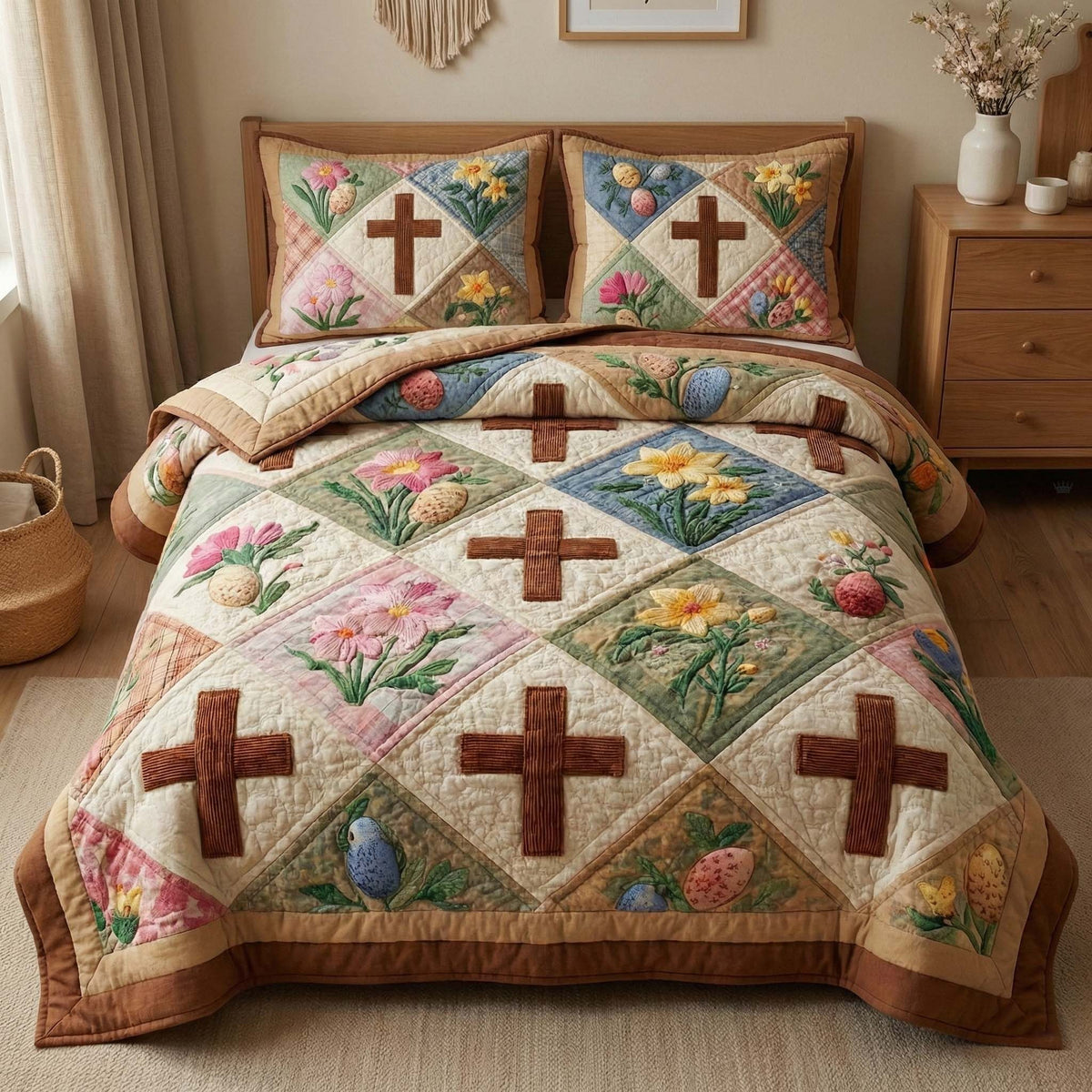 Easter Cross 3-Piece Quilted Bedding Set - Design 1 — quilt and two matching pillow shams