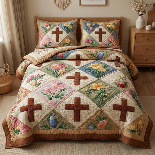 Easter Cross quilted 3-piece bedding set on a made bed in a softly lit bedroom