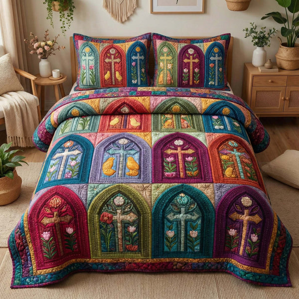 Cathedral Cross quilted 3-piece bedding set on a made bed in a softly lit bedroom