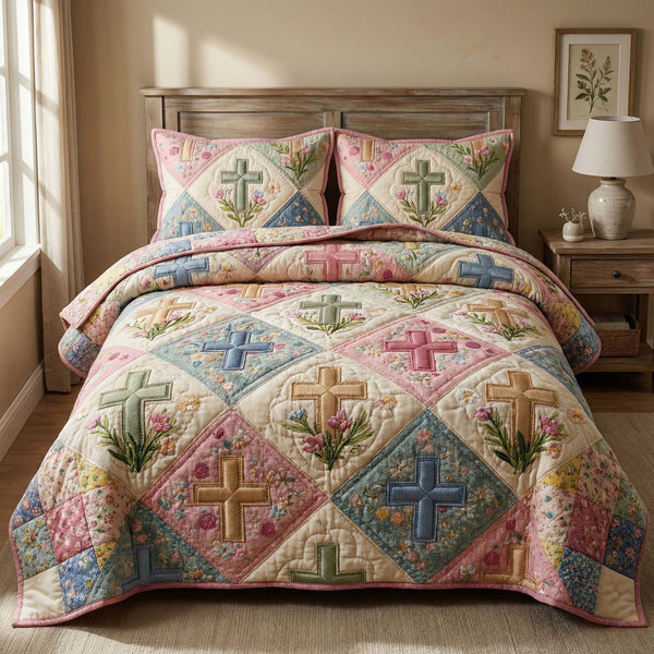 Floral Faith quilted 3-piece bedding set on a made bed in a softly lit bedroom