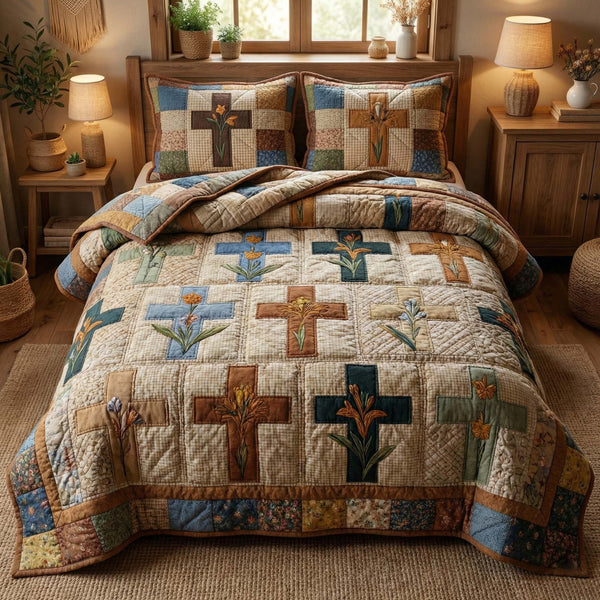 Egg Cross quilted 3-piece bedding set on a made bed in a softly lit bedroom
