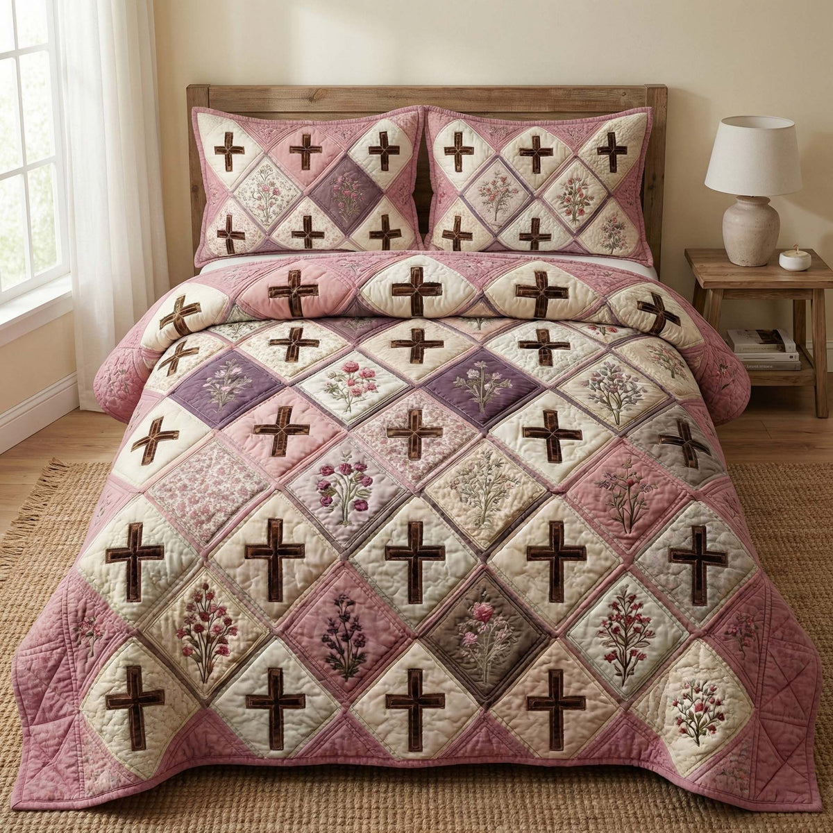 Blossom Cross 3-Piece Quilted Bedding Set — quilt and two matching pillow shams