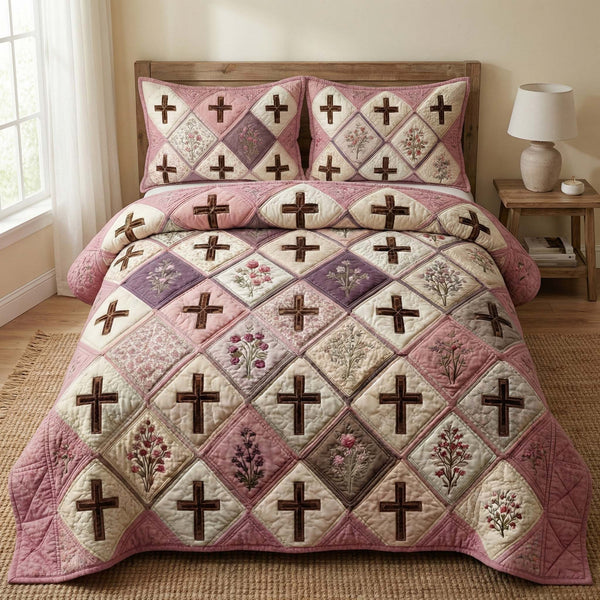 Blossom Cross quilted 3-piece bedding set on a made bed in a softly lit bedroom