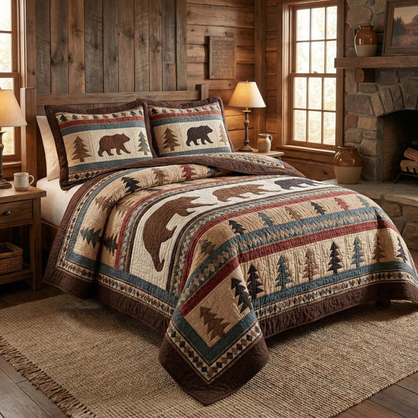 Cabin Bears quilted 3-piece bedding set on a made bed with two matching pillow shams