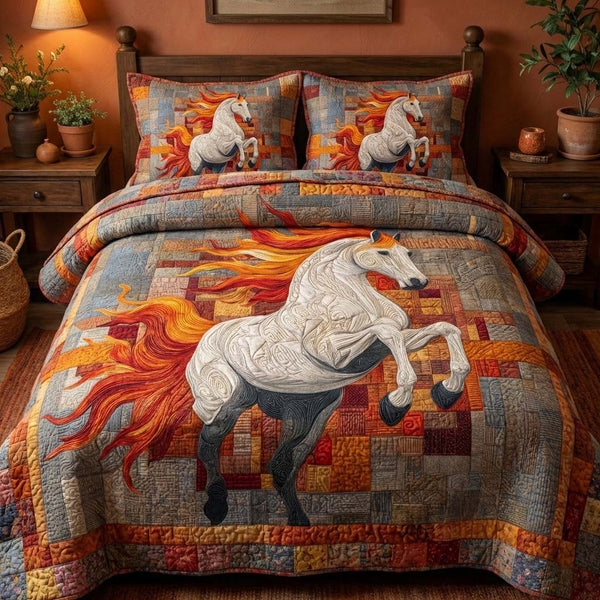 Blazing Mane quilted 3-piece bedding set on a made bed with two matching pillow shams