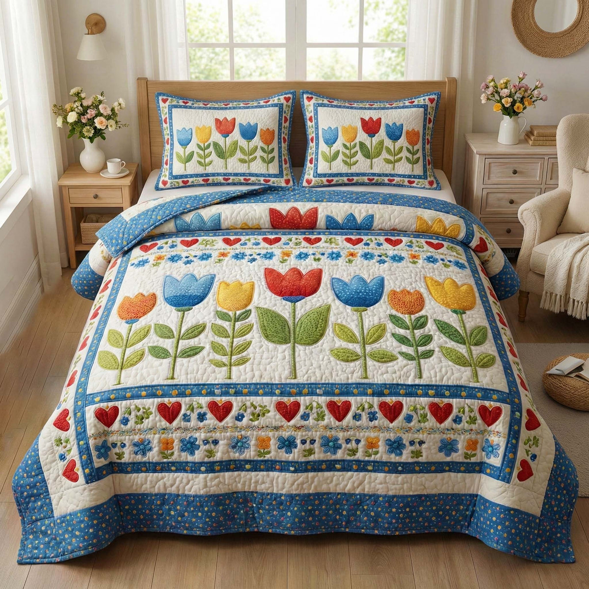 Blossom Grace 3-Piece Quilted Bedding Set - Design 1 — quilt and two matching pillow shams