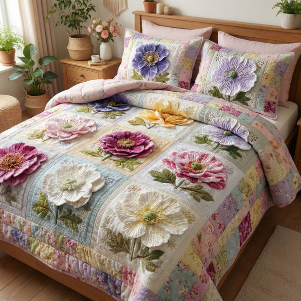 Blossom Grace quilted 3-piece bedding set on a made bed with two matching pillow shams