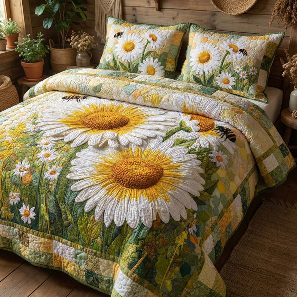 Blossom Grace quilted 3-piece bedding set on a made bed with two matching pillow shams
