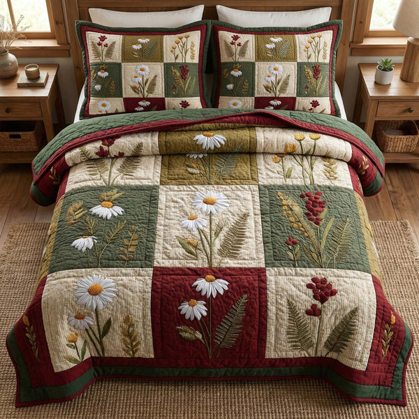 Blossom Grace quilted 3-piece bedding set on a made bed with two matching pillow shams