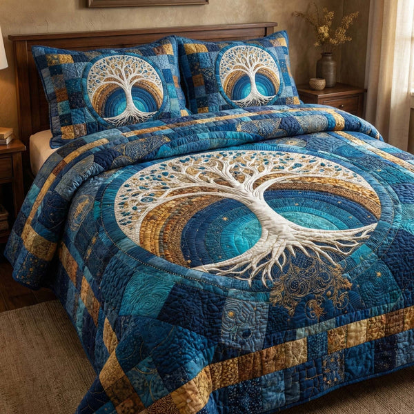 Celestial Tree quilted 3-piece bedding set on a made bed with two matching pillow shams