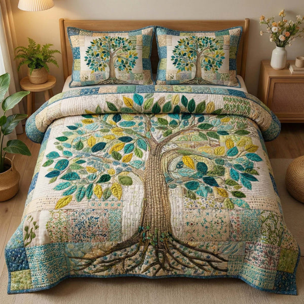 Botanical Tree quilted 3-piece bedding set on a made bed with two matching pillow shams
