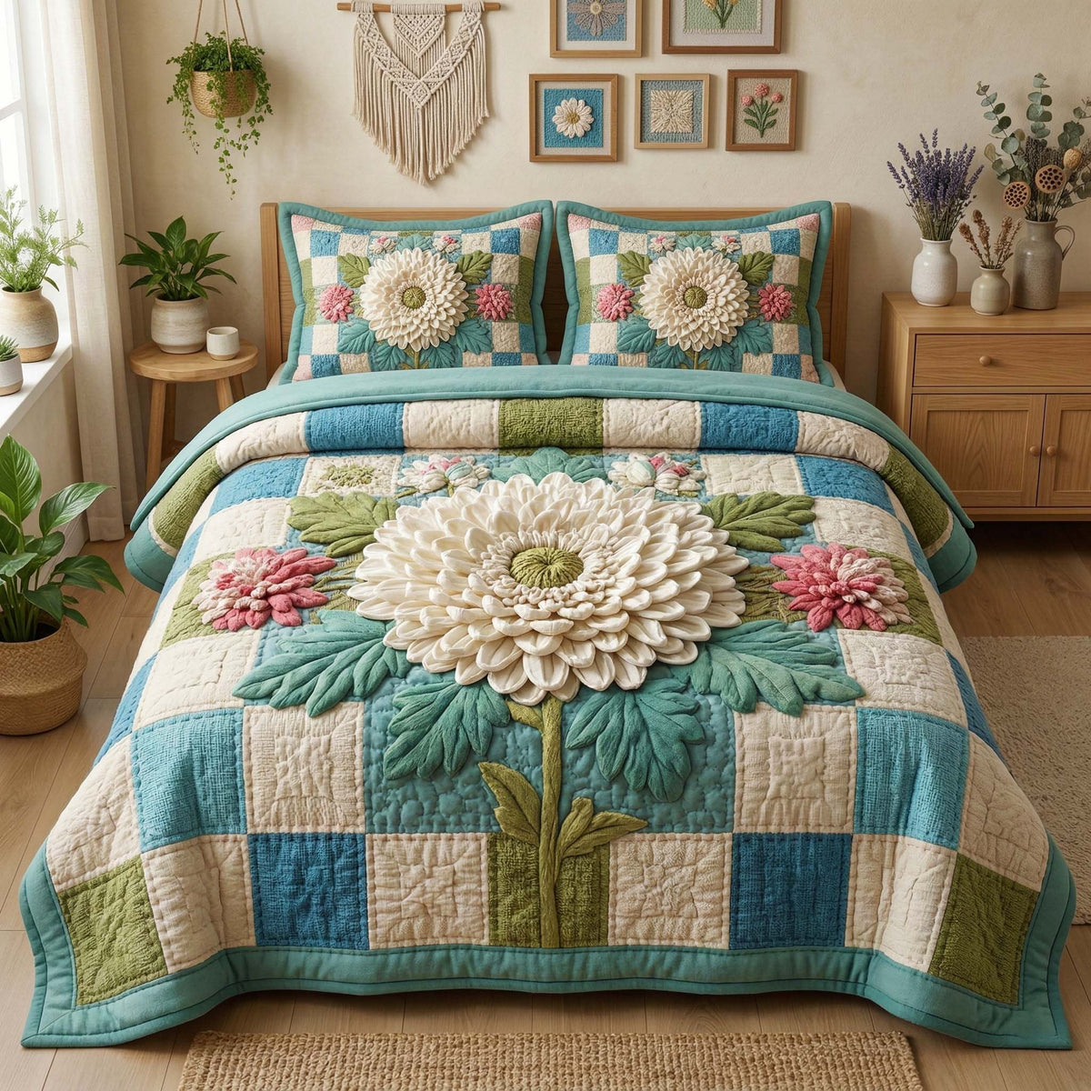 Cottage Bloom 3-Piece Quilted Bedding Set - Design 7 — quilt and two matching pillow shams