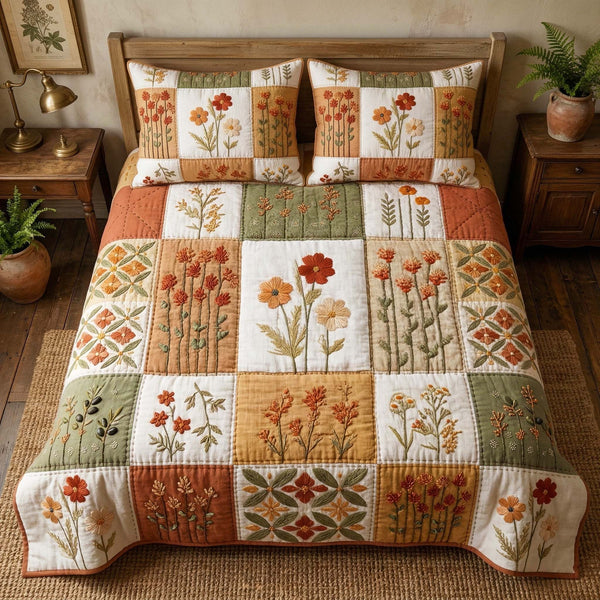 Autumn Blooms quilted 3-piece bedding set on a made bed with two matching pillow shams