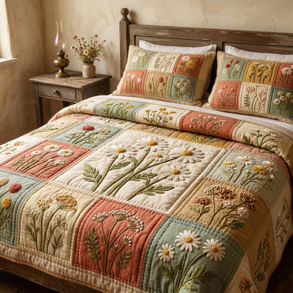 Blossom Grace quilted 3-piece bedding set on a made bed with two matching pillow shams