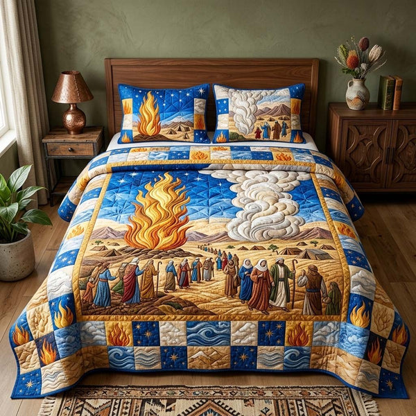 Fire Pillar quilted 3-piece bedding set on a made bed with two matching pillow shams