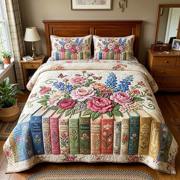 Botanic Books quilted 3-piece bedding set on a made bed with two matching pillow shams