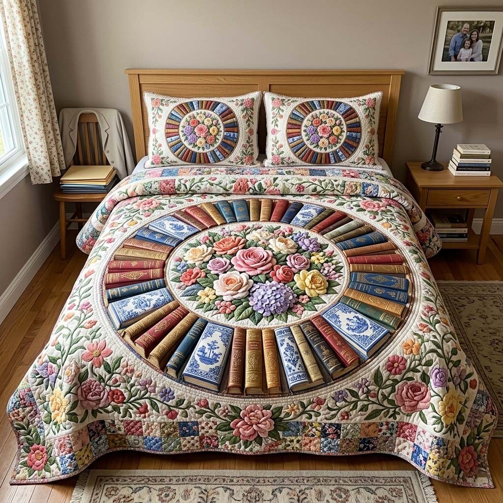 Book Mandala 3-Piece Quilted Bedding Set — quilt and two matching pillow shams