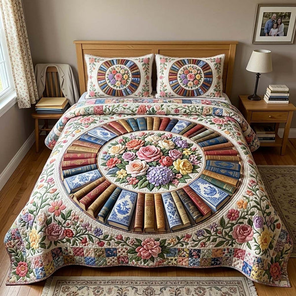 Book Mandala quilted 3-piece bedding set on a made bed with two matching pillow shams