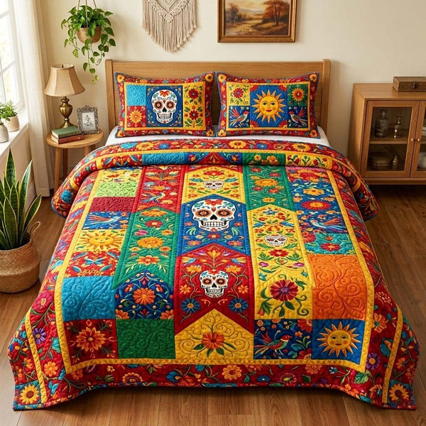 Cinco de Mayo quilted 3-piece bedding set on a made bed with two matching pillow shams