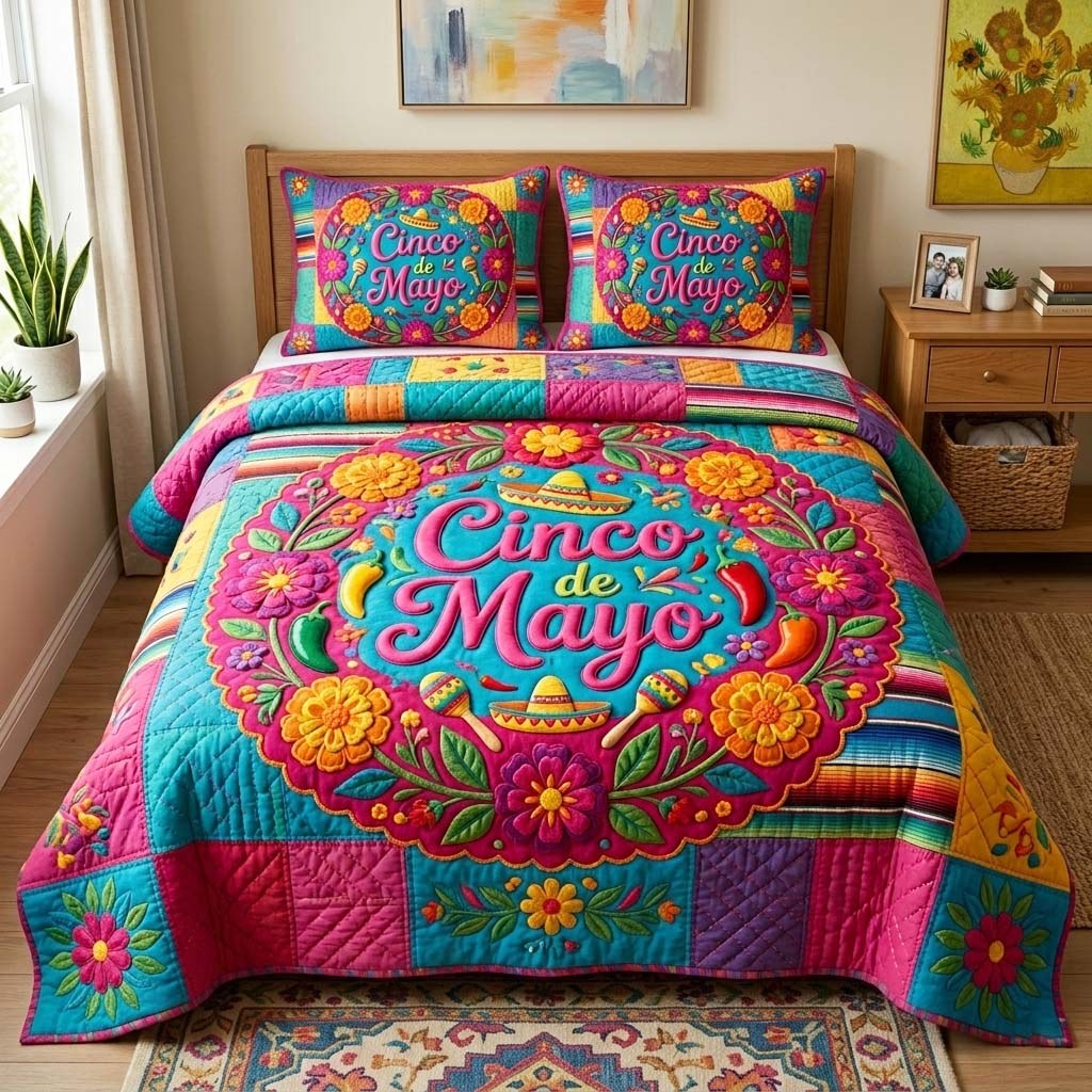 Fiesta Bloom 3-Piece Quilted Bedding Set - Design 1 — quilt and two matching pillow shams