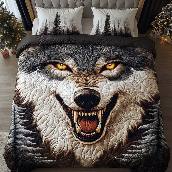 Feral Fury quilted 3-piece bedding set on a made bed with two matching pillow shams