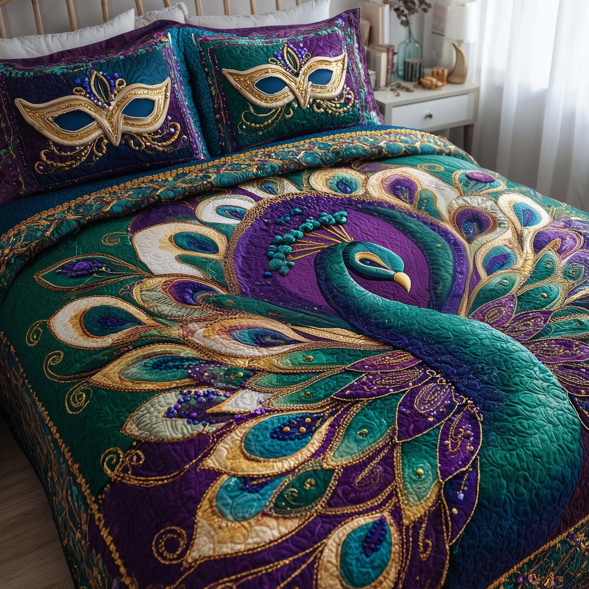 Festi Feather 3-Piece Quilted Bedding Set — quilt and two matching pillow shams