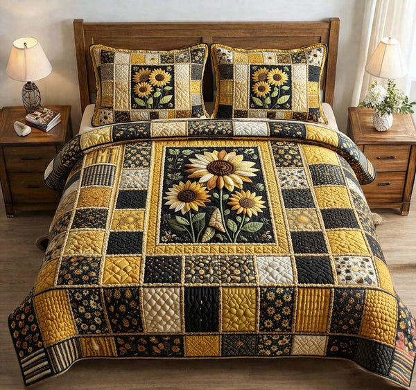 Amber Bloom quilted 3-piece bedding set on a made bed with two matching pillow shams