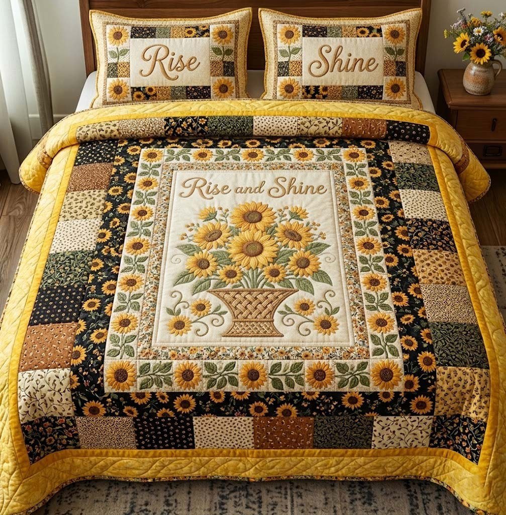 Amber Bloom 3-Piece Quilted Bedding Set - Design 3 — quilt and two matching pillow shams