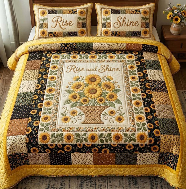 Amber Bloom quilted 3-piece bedding set on a made bed with two matching pillow shams