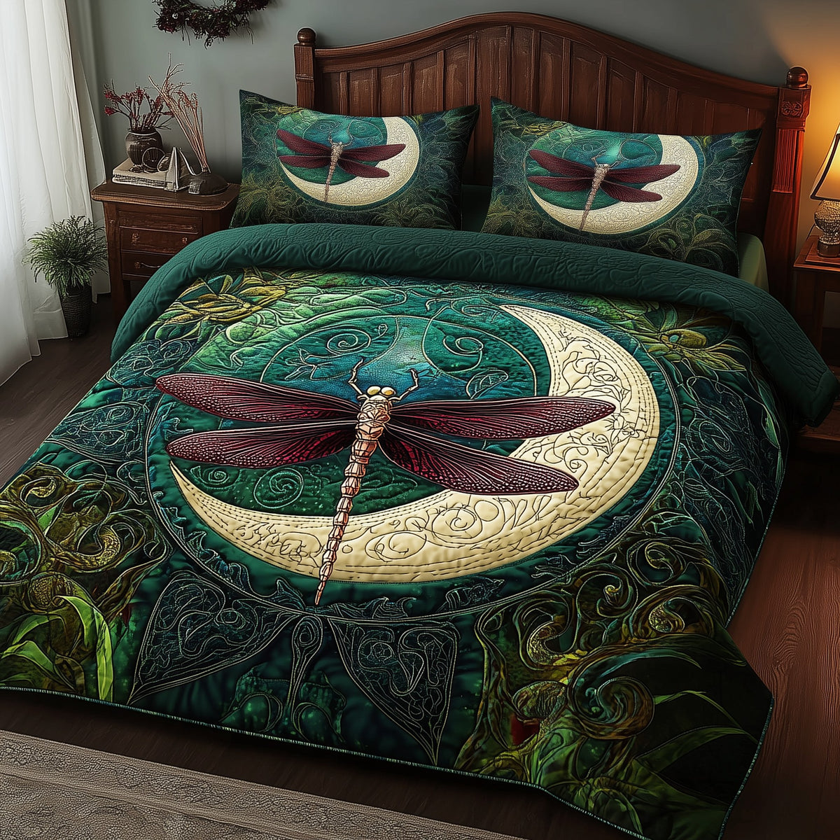 Dragonfly and Crescent Moon 3-Piece Quilted Bedding Set - Design 1 — quilt and two matching pillow shams