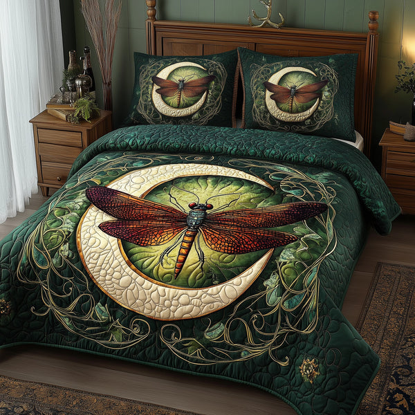 Dragonfly Mandala quilted 3-piece bedding set on a made bed with two matching pillow shams