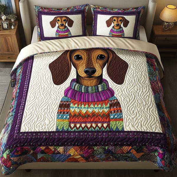 Dachshund quilted 3-piece bedding set on a made bed with two matching pillow shams
