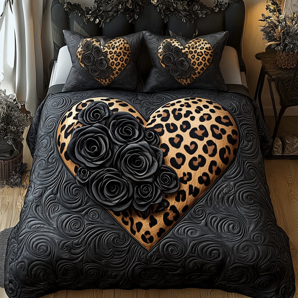 Black Leopard Rose quilted 3-piece bedding set on a made bed with two matching pillow shams