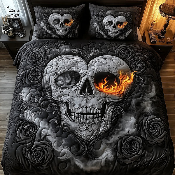 Black Skull Couple quilted 3-piece bedding set on a made bed against a dark styled interior