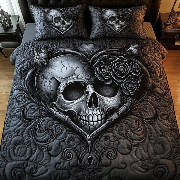 Black Skull Couple quilted 3-piece bedding set on a made bed against a dark styled interior