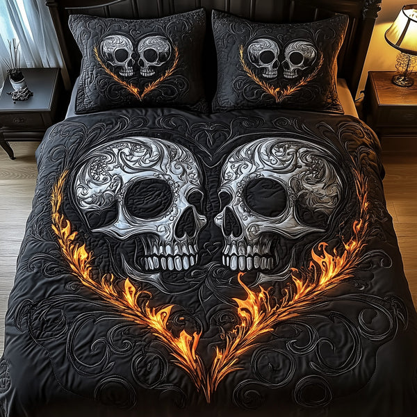Black Skull Couple quilted 3-piece bedding set on a made bed against a dark styled interior