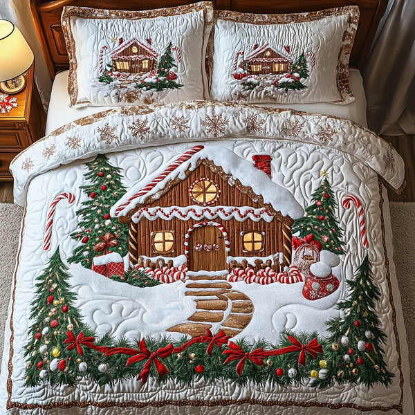 Candy Canes Cabin quilted 3-piece bedding set on a made bed with two matching pillow shams