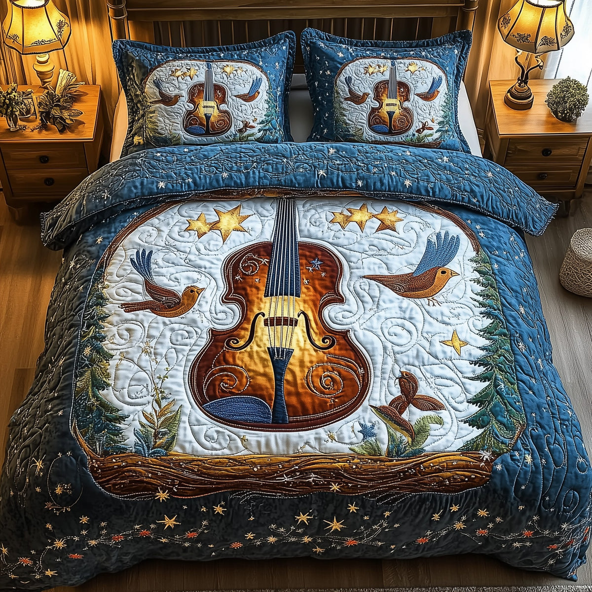 Blue Melodies 3-Piece Quilted Bedding Set - Design 1 — quilt and two matching pillow shams
